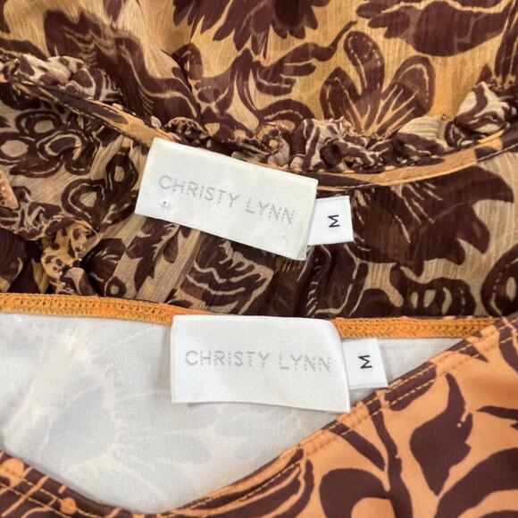 Christy Lynn Ella Silk Midi Dress with Slip Size M Sienna Brown Botanical Fall - Picture 11 of 14